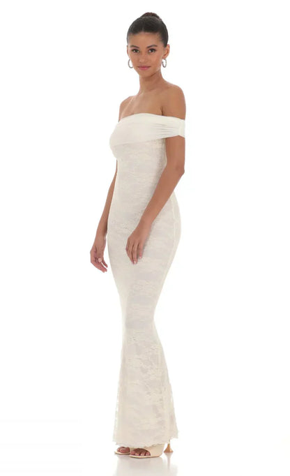 Off Shoulder Sheer Lace Maxi Dress in Cream