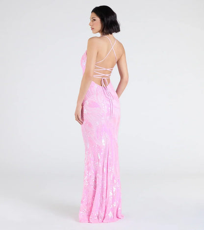 Acacia Iridescent Sequin Lace-Up Formal Dress