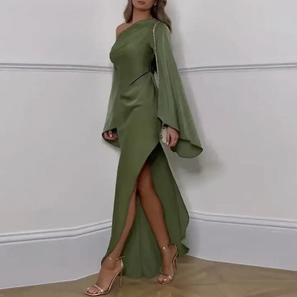 Liviana – Long dress with asymmetrical neck and elegant slit