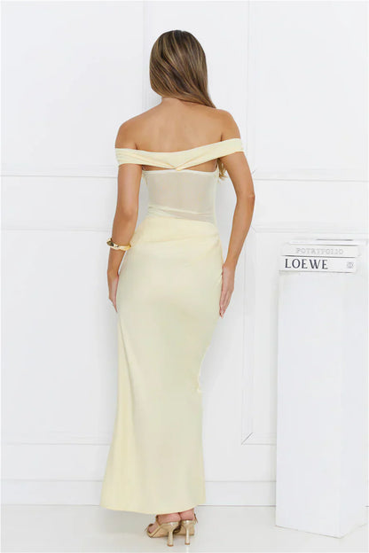 Silent Dreams Mesh Satin Off Shoulder Maxi Dress