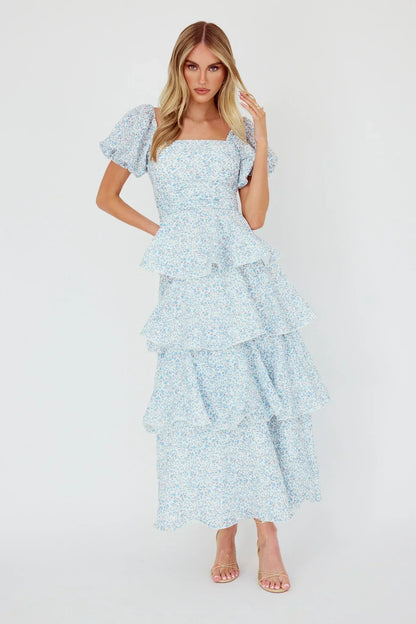 Giavana Puff Sleeve Layered Maxi Dress Floral Blue