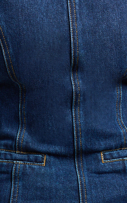 Olenna Mini Dress - High Neck Fitted Denim Dress in Indigo Wash