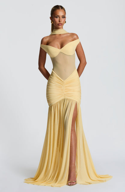 Sylarine – Bardot dress with sheer details and a slit