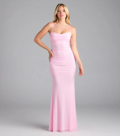 Jae Formal Mesh Ruched Mermaid Long Dress