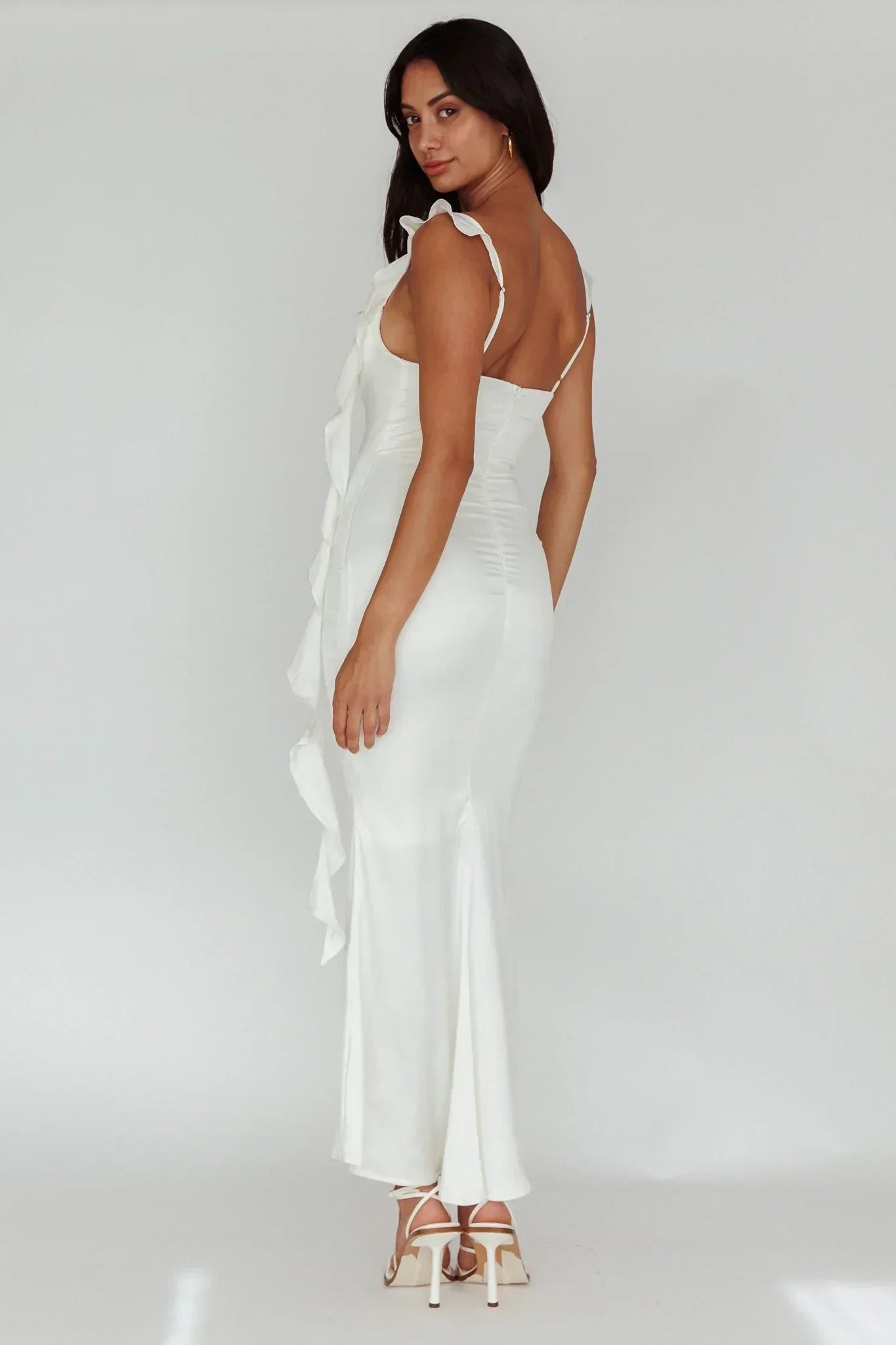 Blushing Ruffle Trim Midi Dress Oyster