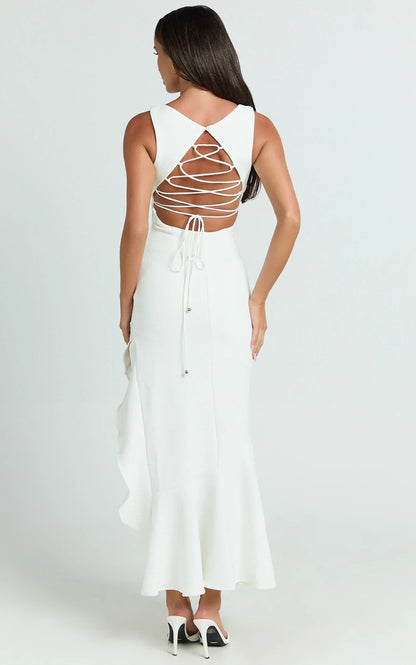 Luiza Midi Dress - Ruffle Hem Corset Back Dress in White