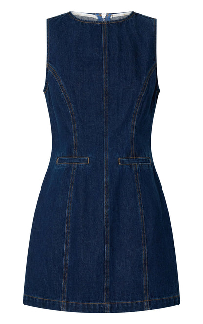 Olenna Mini Dress - High Neck Fitted Denim Dress in Indigo Wash