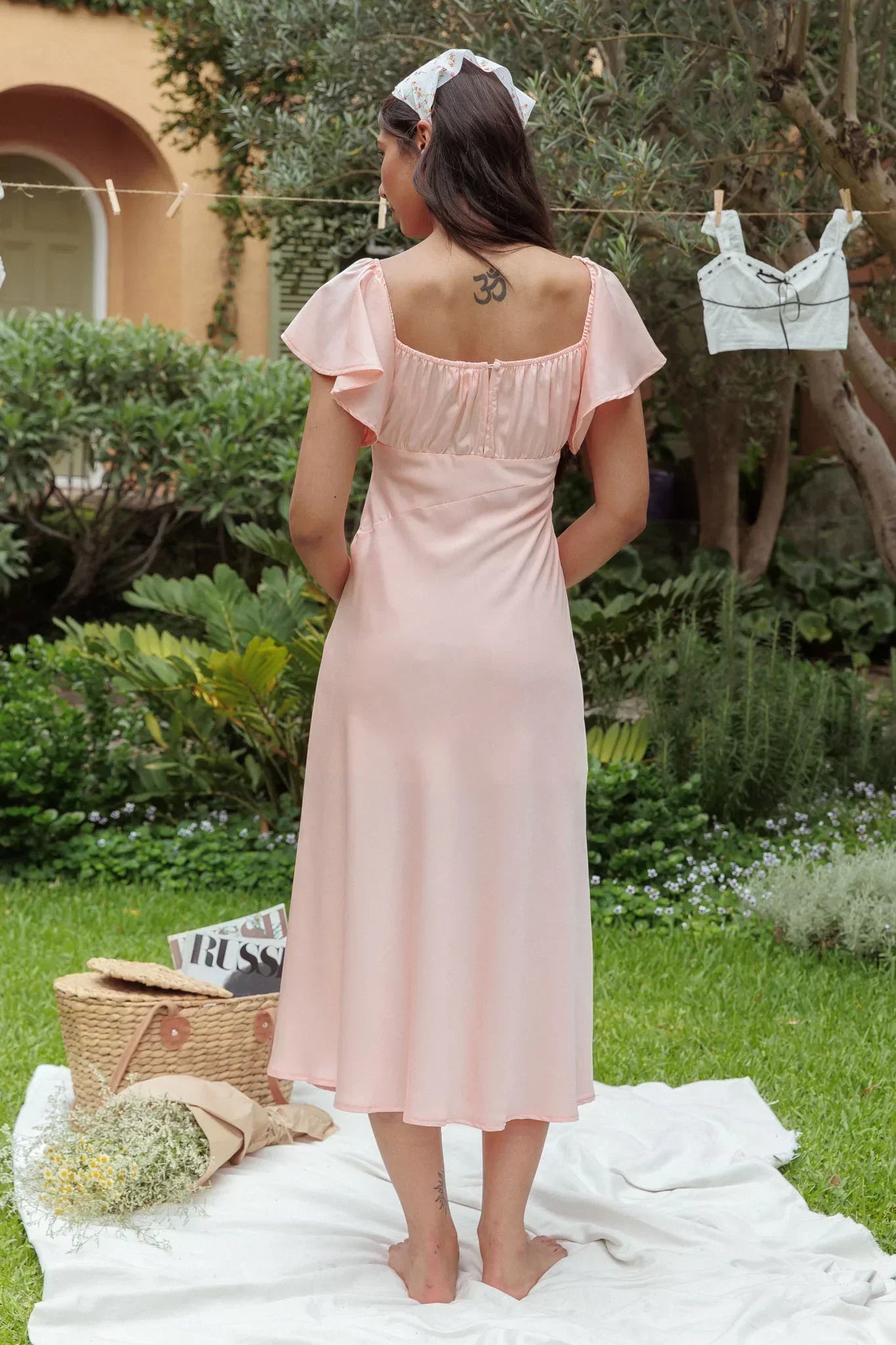 Park Avenue Flutter Sleeve Side Split Midi Dress Blush