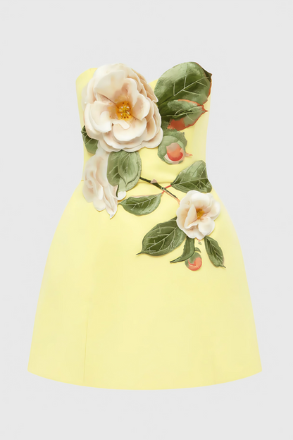 Rex Yellow Applique Floral Bustier Mini Dress