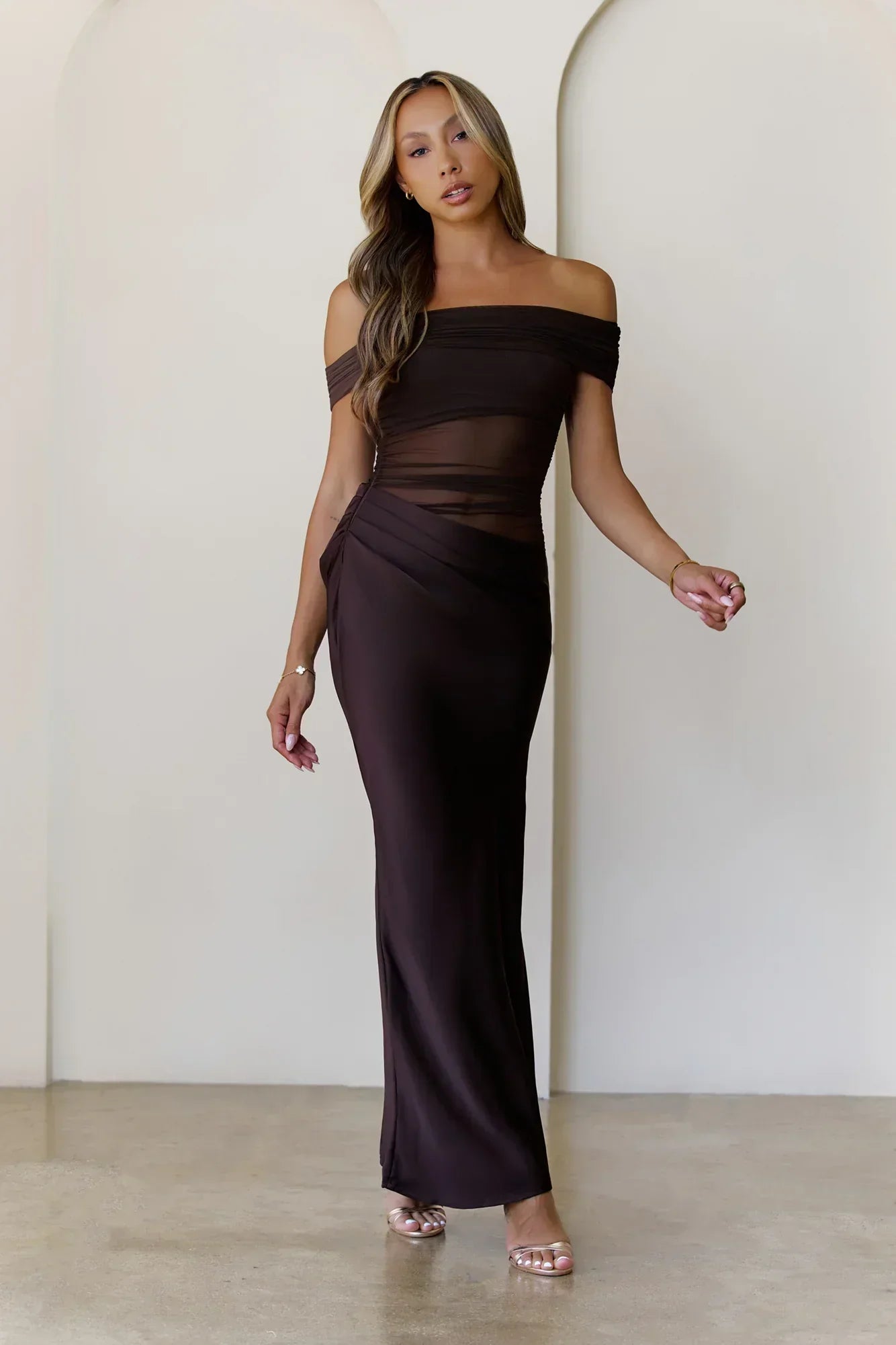 Veiled Whispers Off Shoulder Maxi Dress