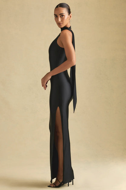 Asymmetric Scarf-Detail Maxi Dress in Black