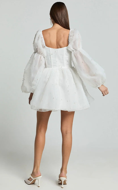 Ingrid Mini Dress - Long Puff Sleeve Pearl Detail Dress in White
