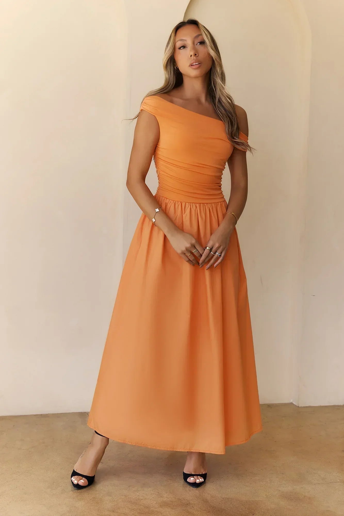 Camellia Charm Off Shoulder Maxi Dress